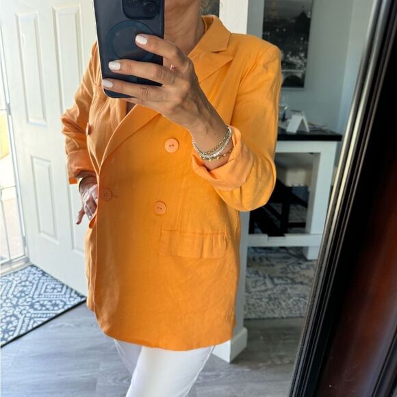 H&M Women Blazer Jacket Linen Blend Oversized Long Orange Salmon Peach Small - Picture 1 of 8
